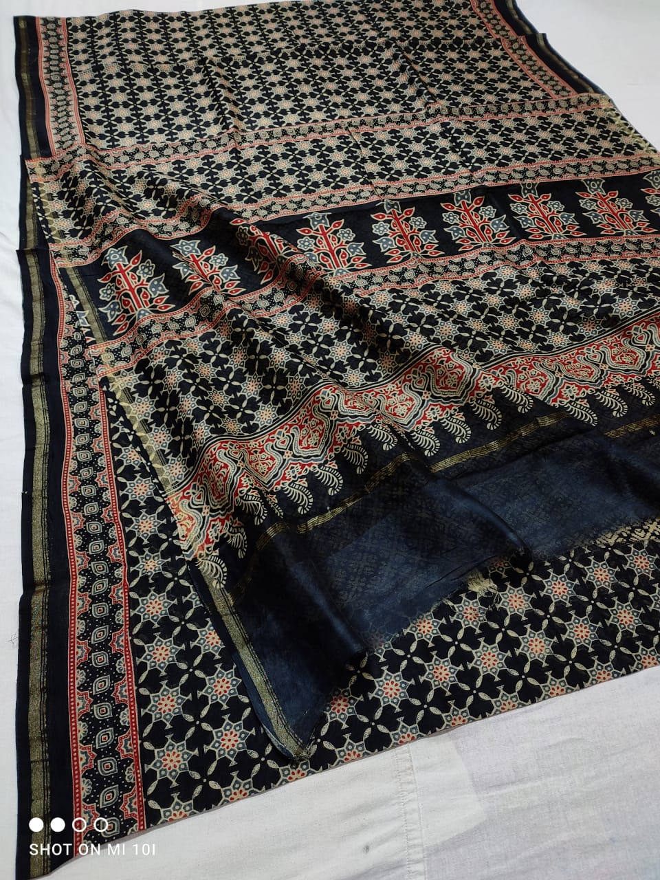 Pure Chanderi Silk Saree With Azrak Print With Blouse