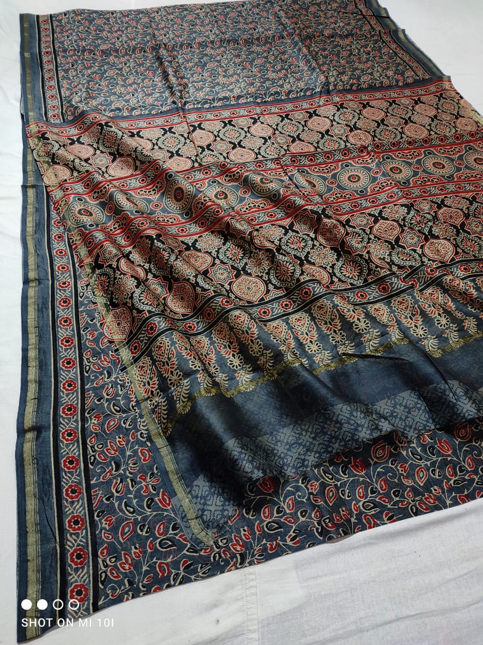 Pure Chanderi Silk Saree With Azrak Print With Blouse