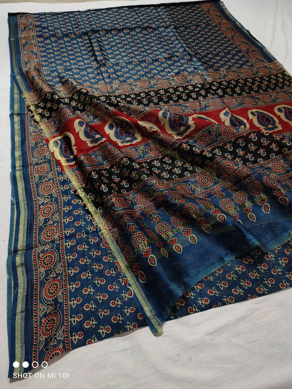 Pure Chanderi Silk Saree With Azrak Print With Blouse