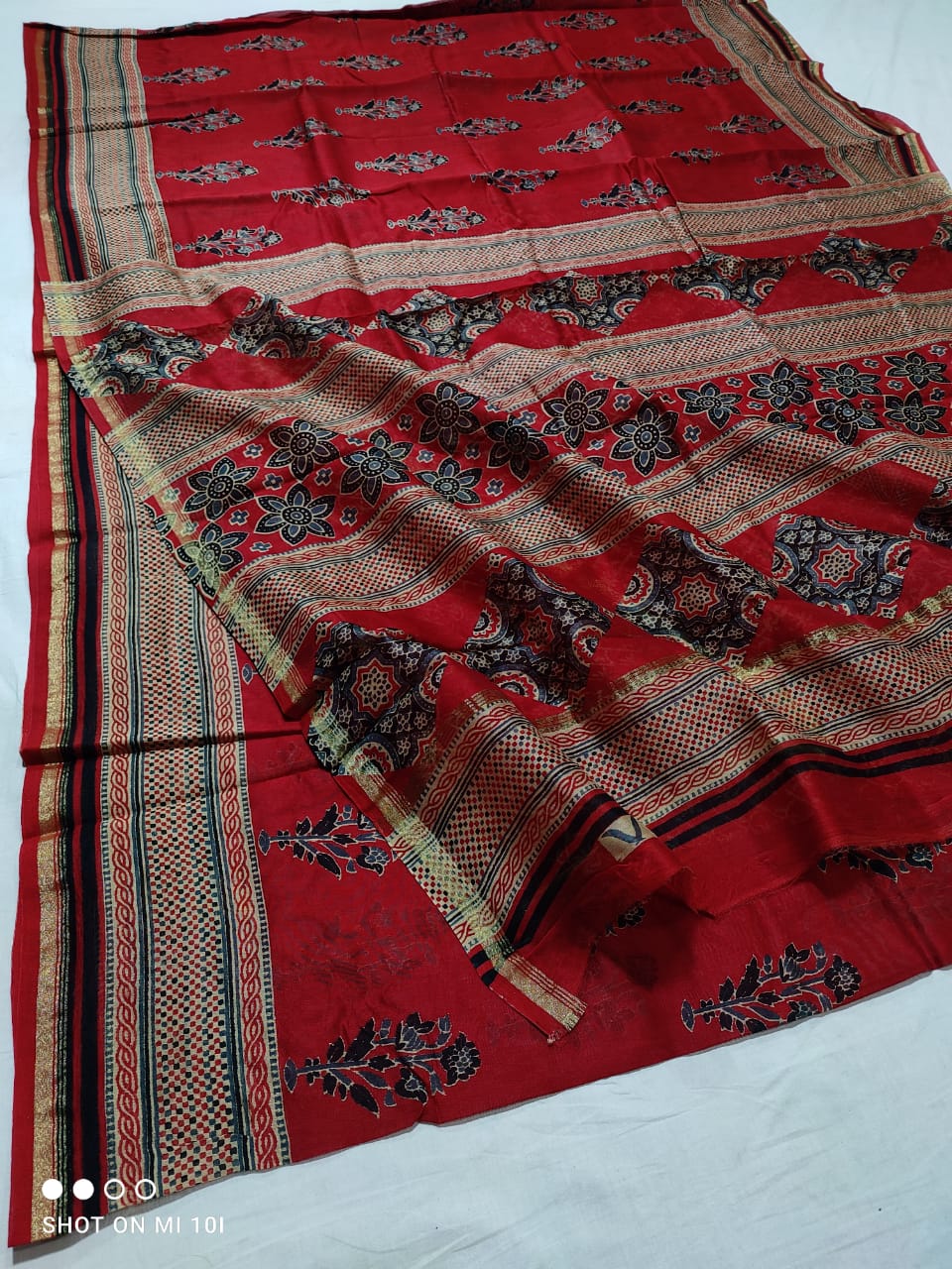 Pure Chanderi Silk Saree With Azrak Print With Blouse