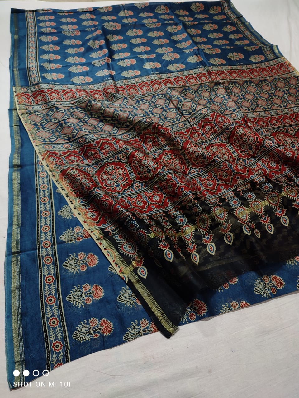 Pure Chanderi Silk Saree With Azrak Print With Blouse