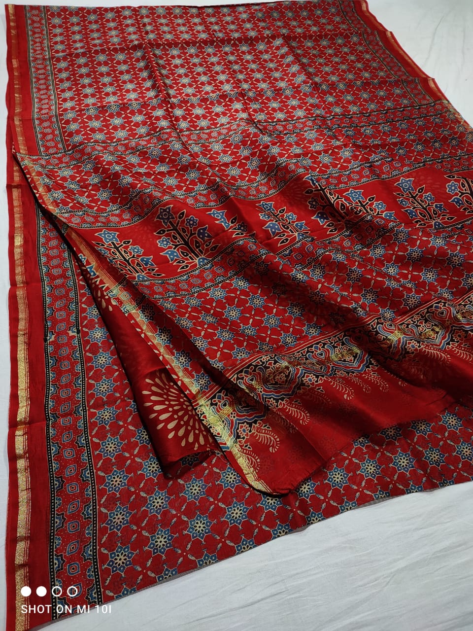 Pure Chanderi Silk Saree With Azrak Print With Blouse