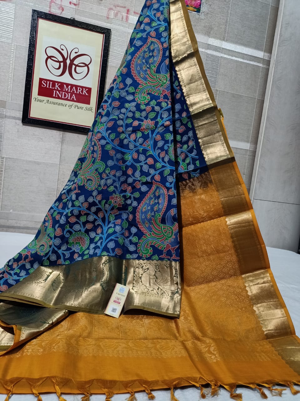 Pure Kanchipuram Silk Saree With Kalamkari Hand Print.