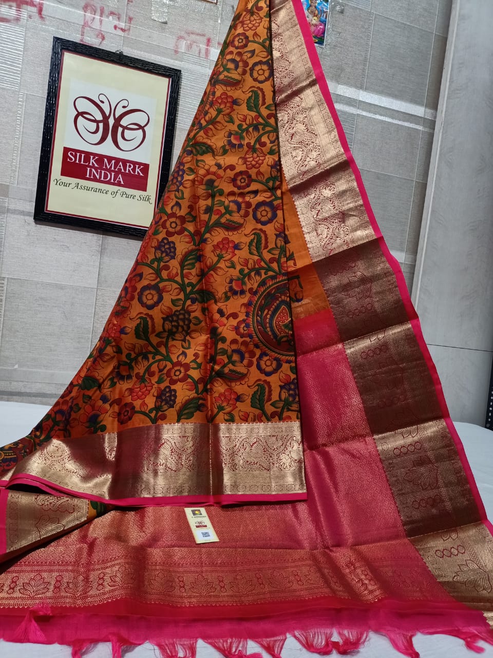 Pure Kanchipuram Silk Saree With Kalamkari Hand Print.