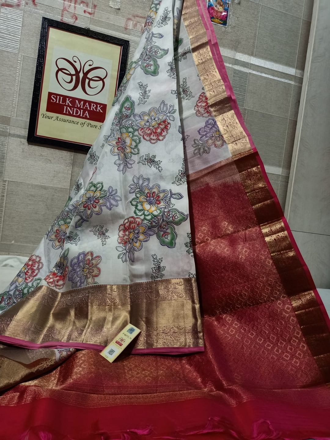 Pure Kanchipuram Silk Saree With Kalamkari Hand Print.