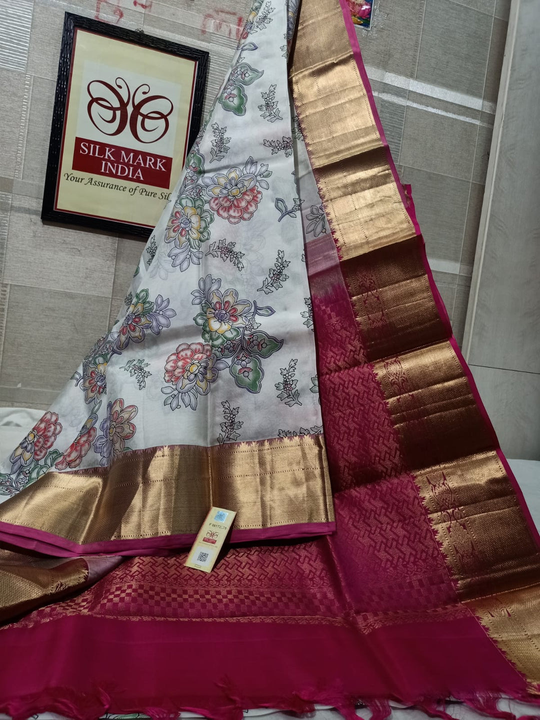 Pure Kanchipuram Silk Saree With Kalamkari Hand Print.