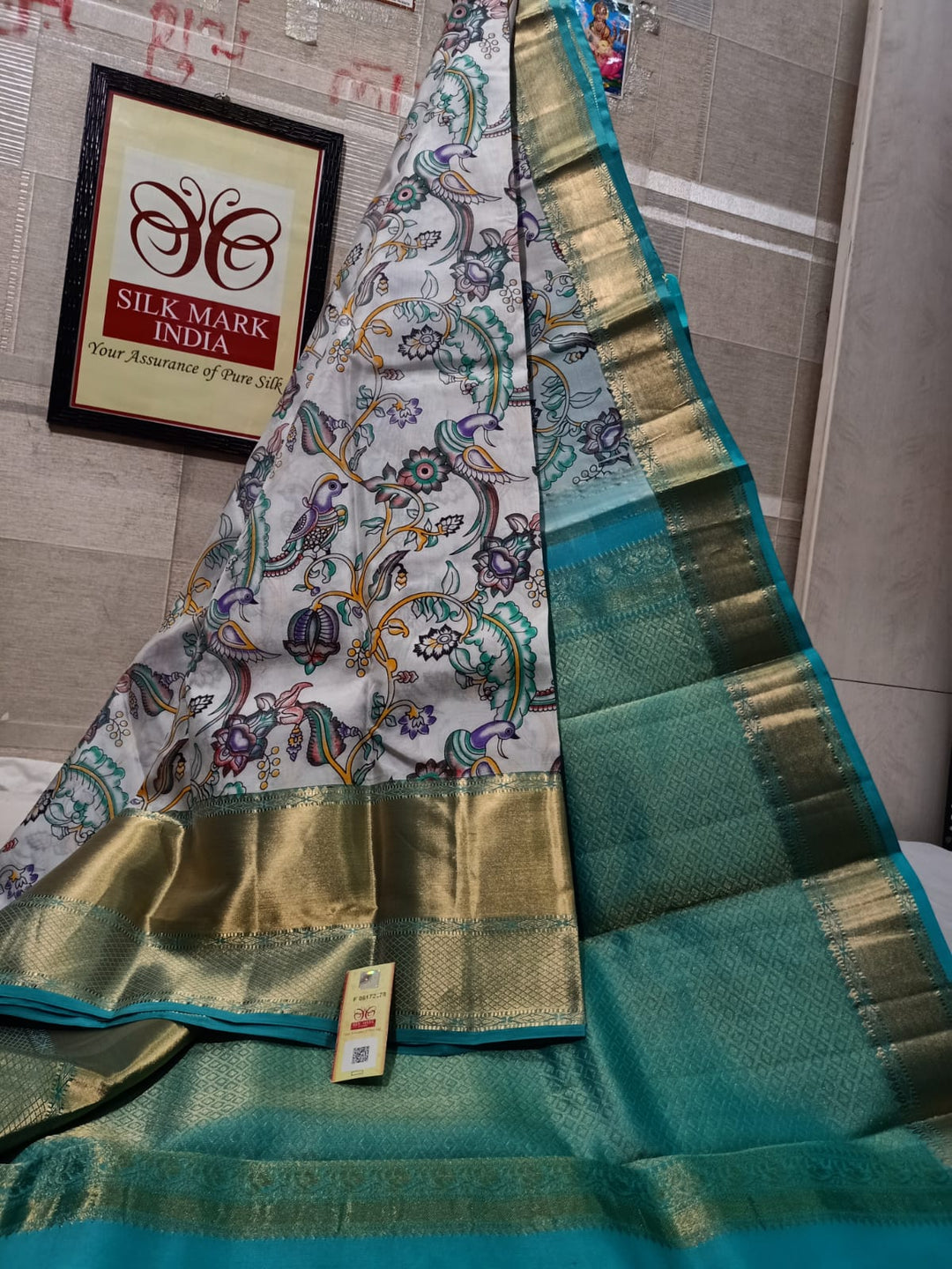 Pure Kanchipuram Silk Saree With Kalamkari Hand Print.