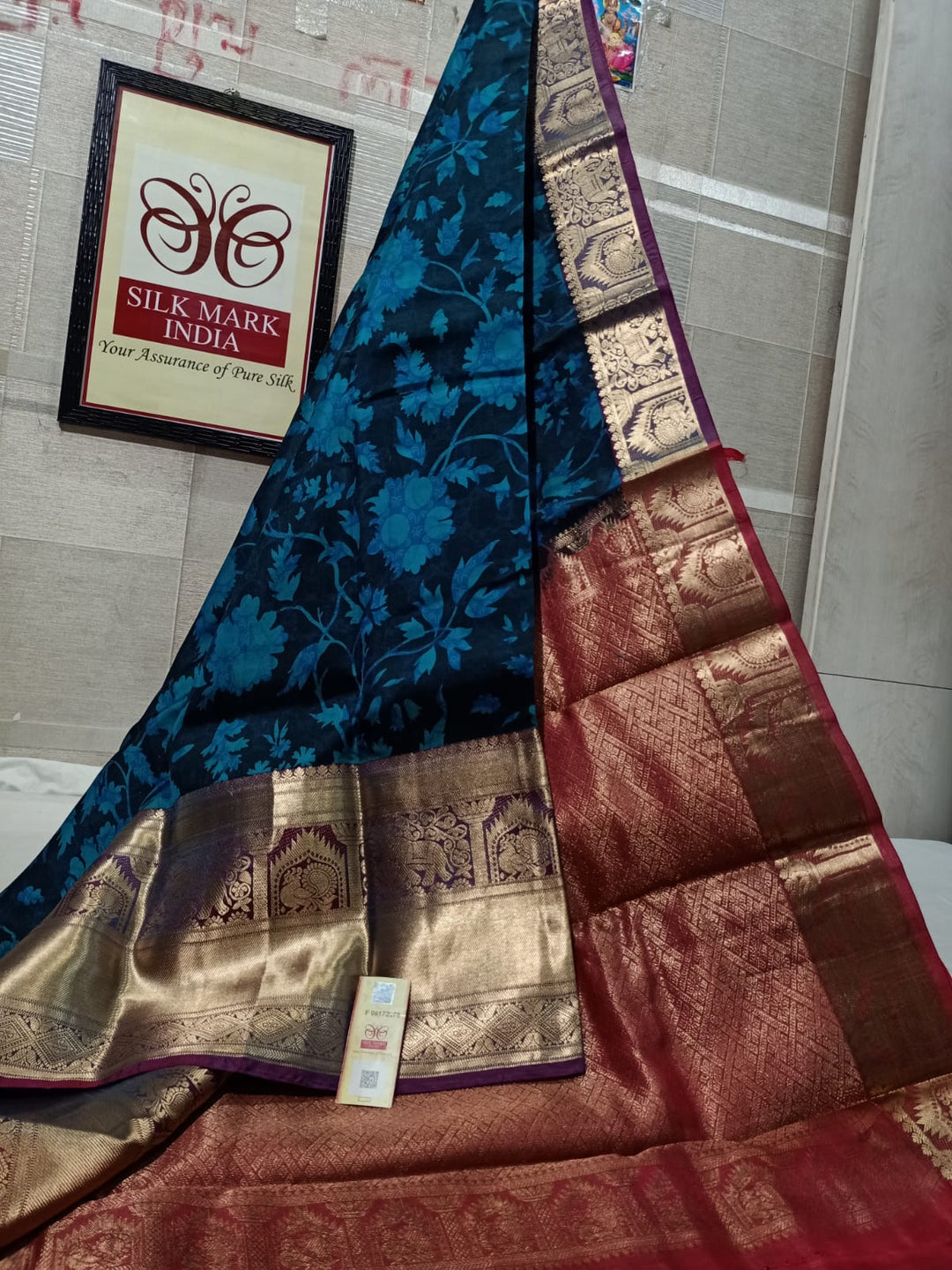 Pure Kanchipuram Silk Saree With Kalamkari Hand Print.