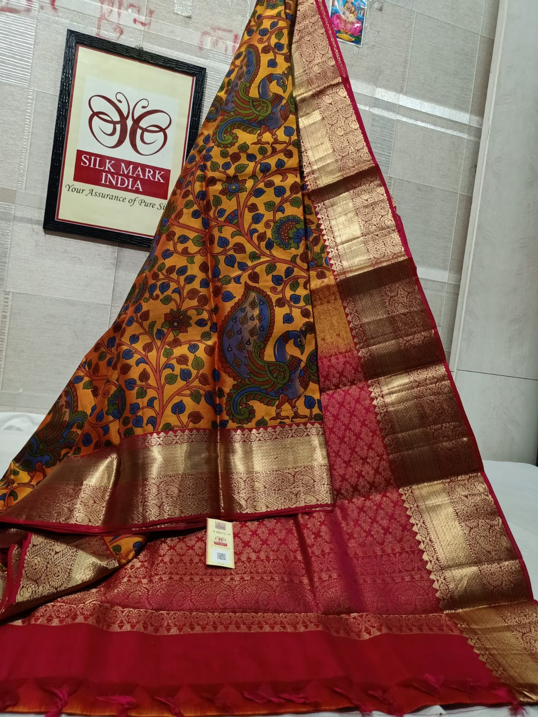 Pure Kanchipuram Silk Saree With Kalamkari Hand Print.