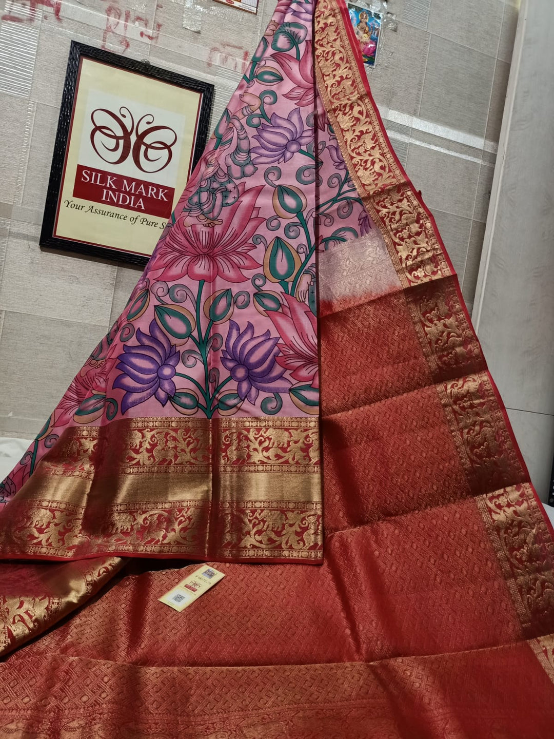 Pure Kanchipuram Silk Saree With Kalamkari Hand Print.