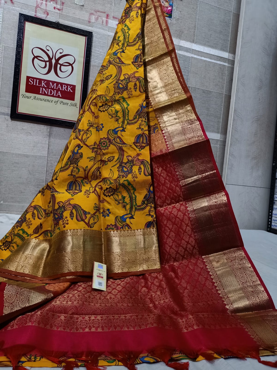 Pure Kanchipuram Silk Saree With Kalamkari Hand Print.