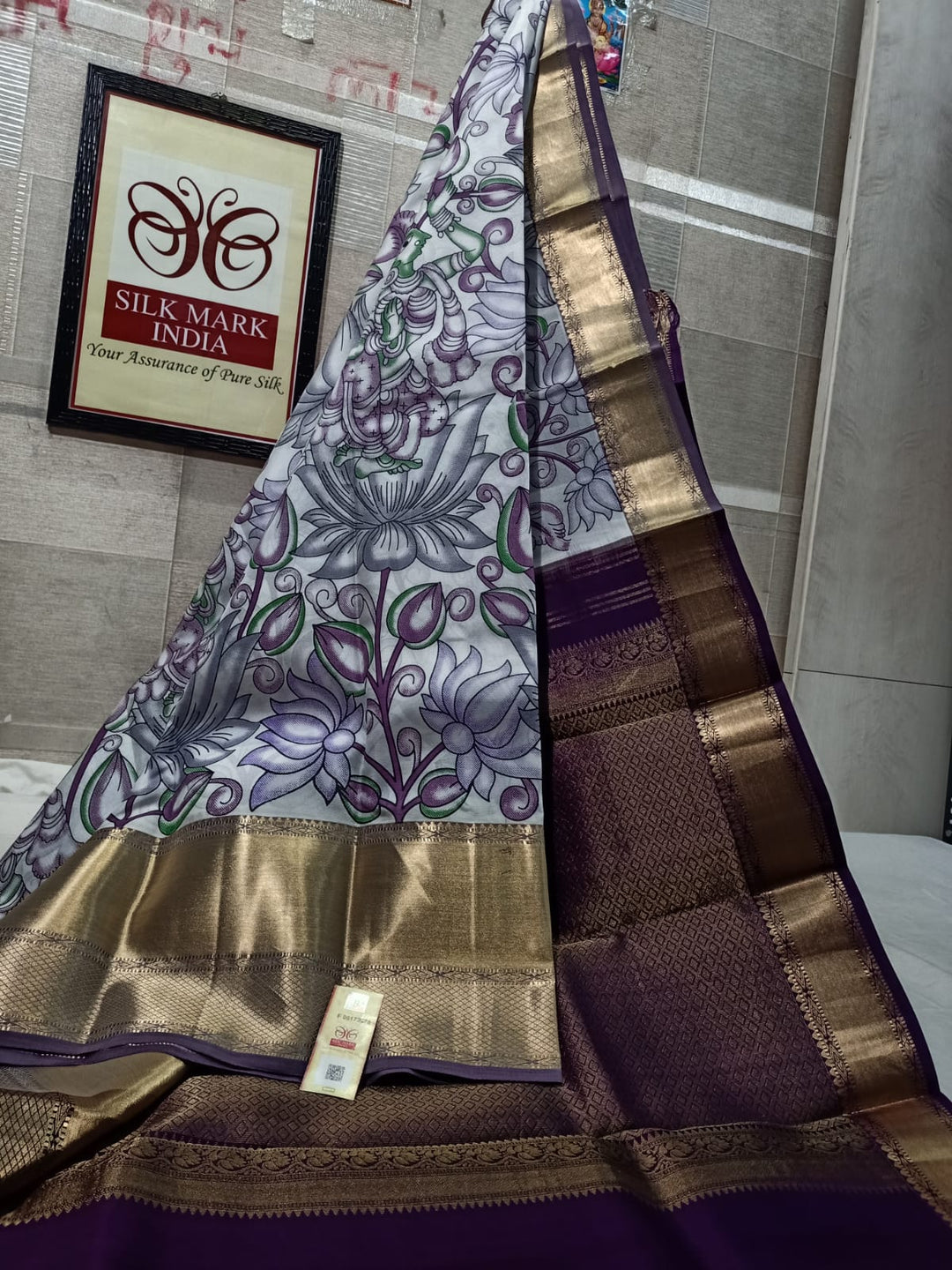 Pure Kanchipuram Silk Saree With Kalamkari Hand Print.