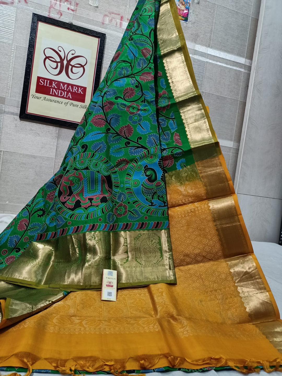 Pure Kanchipuram Silk Saree With Kalamkari Hand Print.