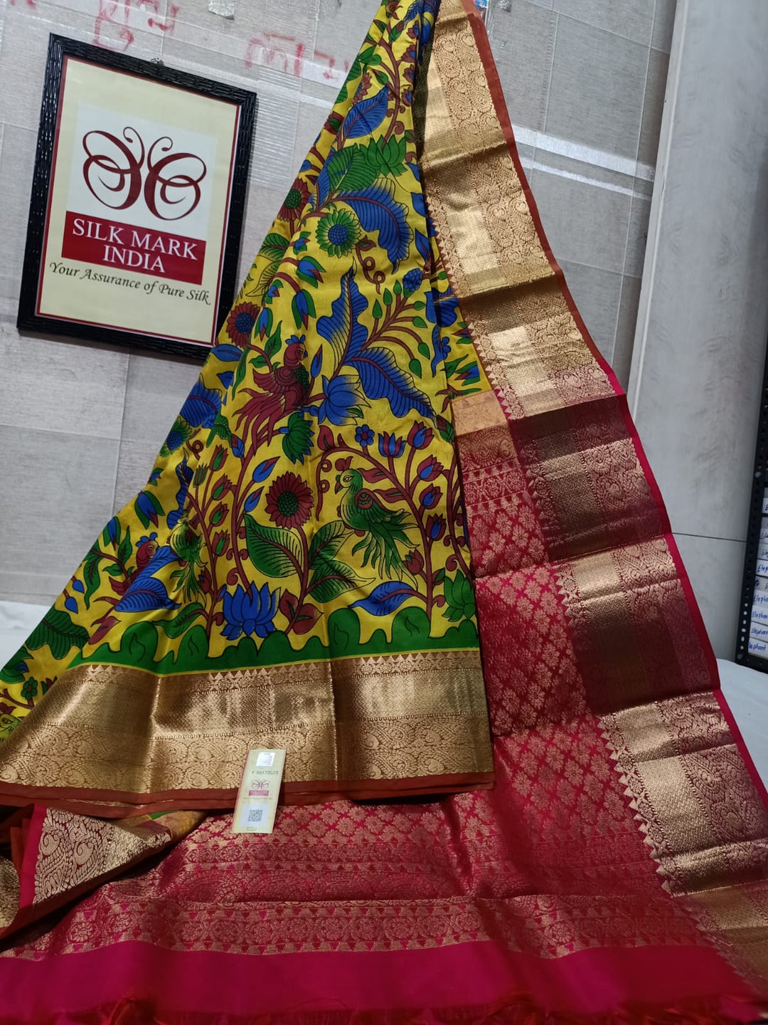 Pure Kanchipuram Silk Saree With Kalamkari Hand Print.