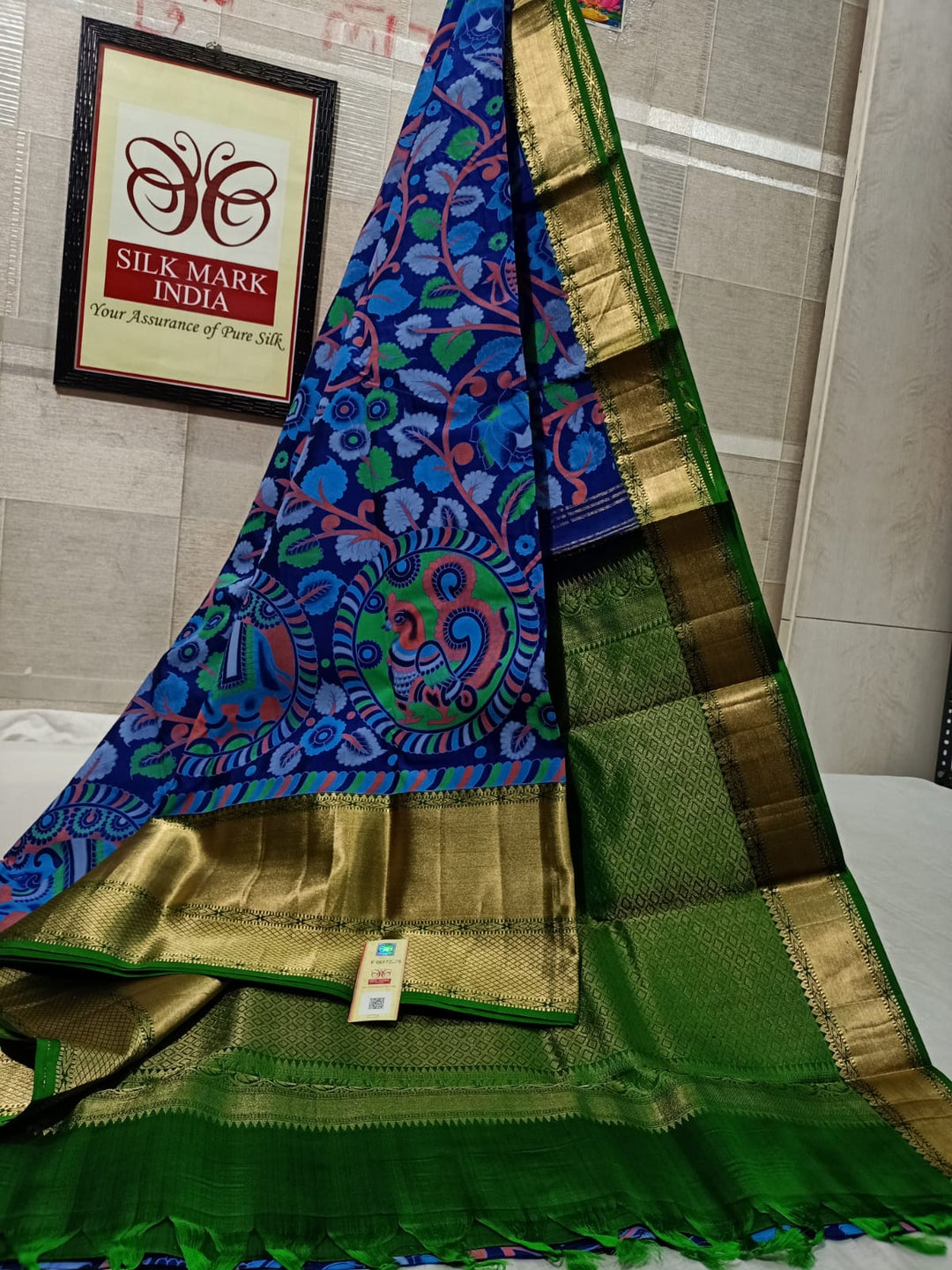 Pure Kanchipuram Silk Saree With Kalamkari Hand Print.