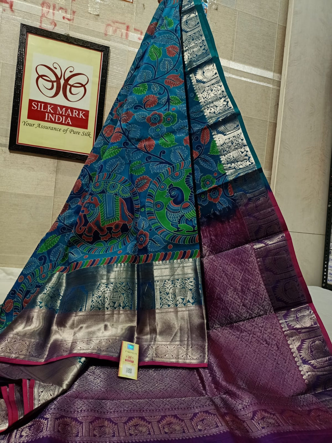 Pure Kanchipuram Silk Saree With Kalamkari Hand Print.