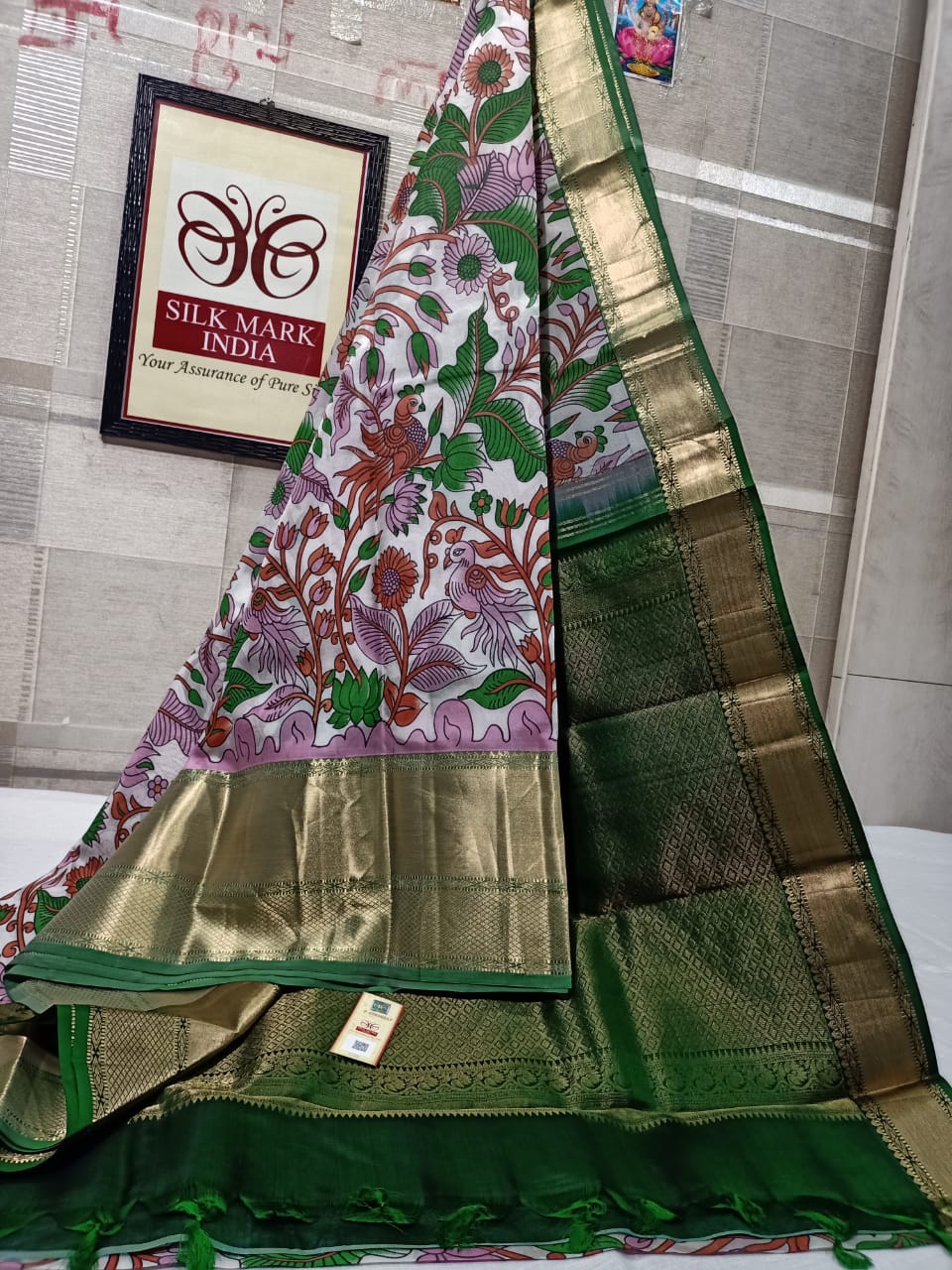 Pure Kanchipuram Silk Saree With Kalamkari Hand Print.