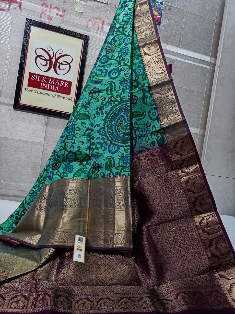Pure Kanchipuram Silk Saree With Kalamkari Hand Print.