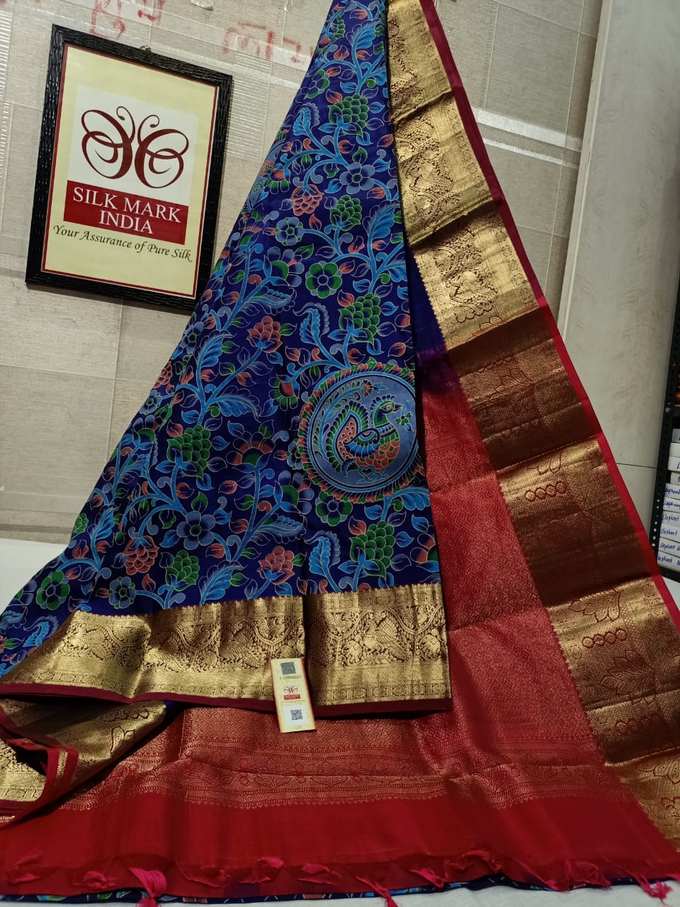 Pure Kanchipuram Silk Saree With Kalamkari Hand Print.