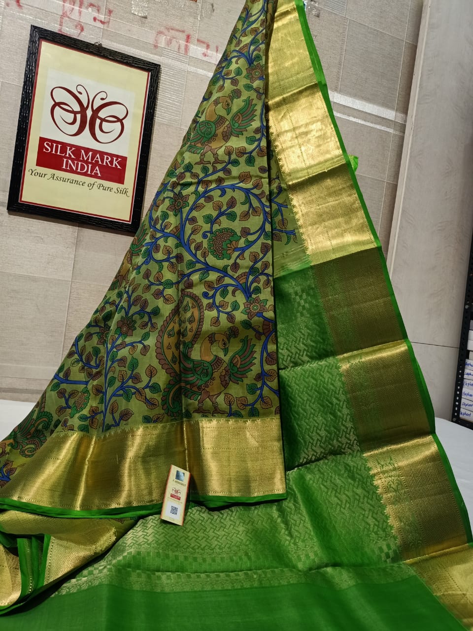 Pure Kanchipuram Silk Saree With Kalamkari Hand Print.