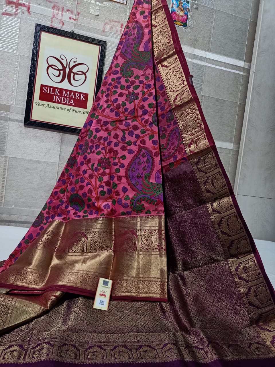 Pure Kanchipuram Silk Saree With Kalamkari Hand Print.