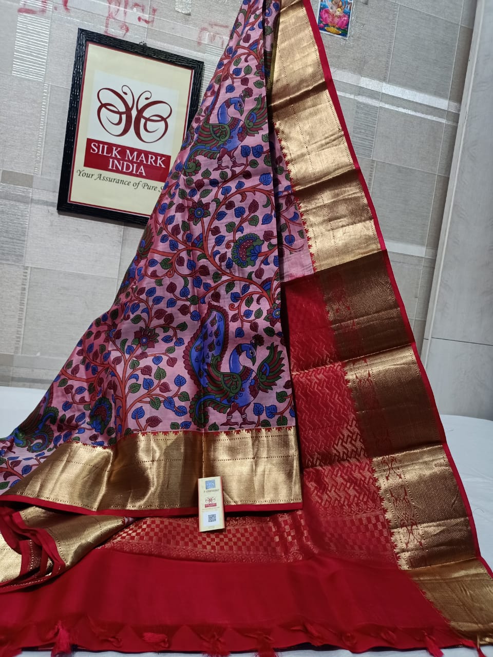 Pure Kanchipuram Silk Saree With Kalamkari Hand Print.