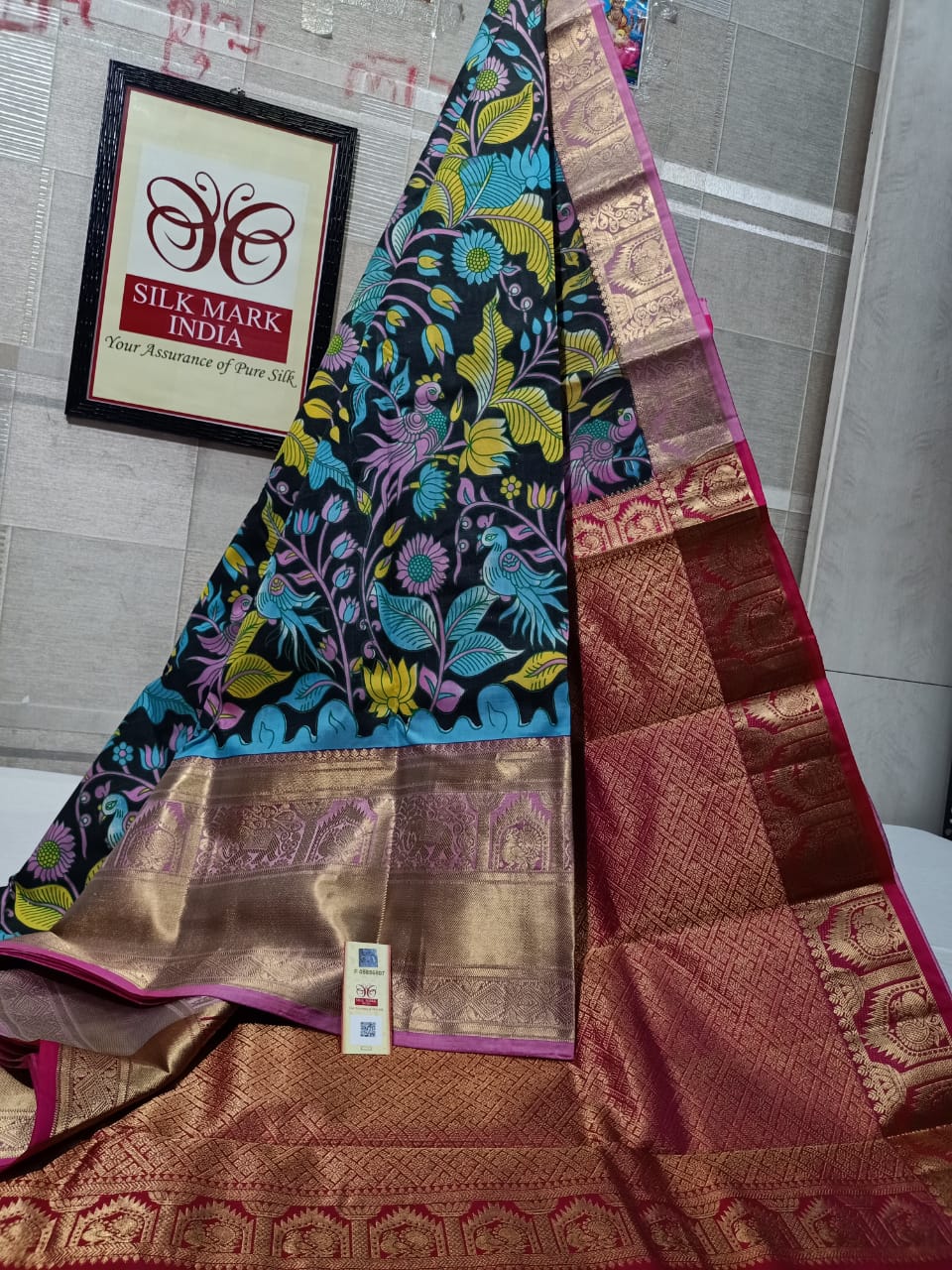 Pure Kanchipuram Silk Saree With Kalamkari Hand Print.