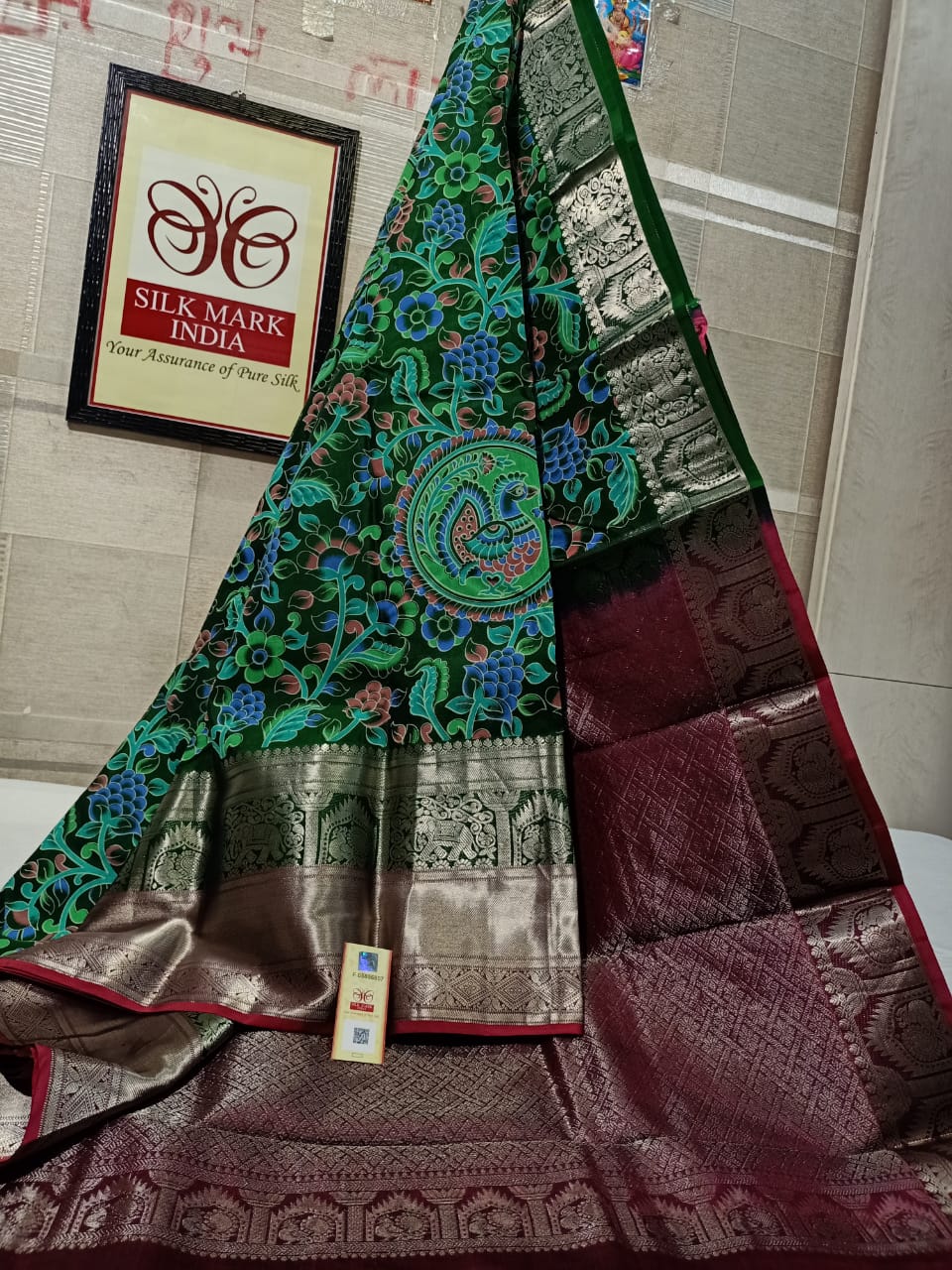 Pure Kanchipuram Silk Saree With Kalamkari Hand Print.