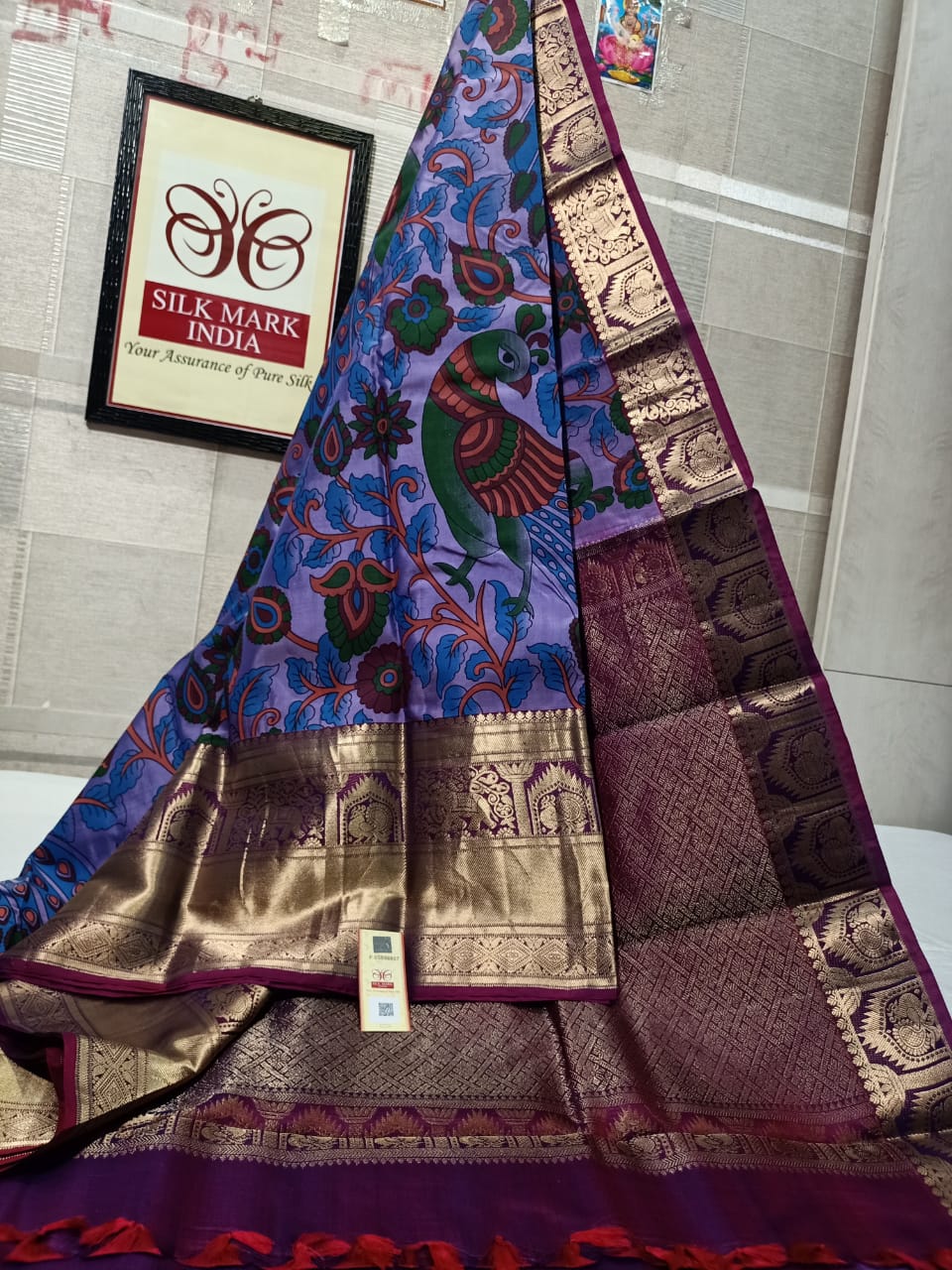 Pure Kanchipuram Silk Saree With Kalamkari Hand Print.