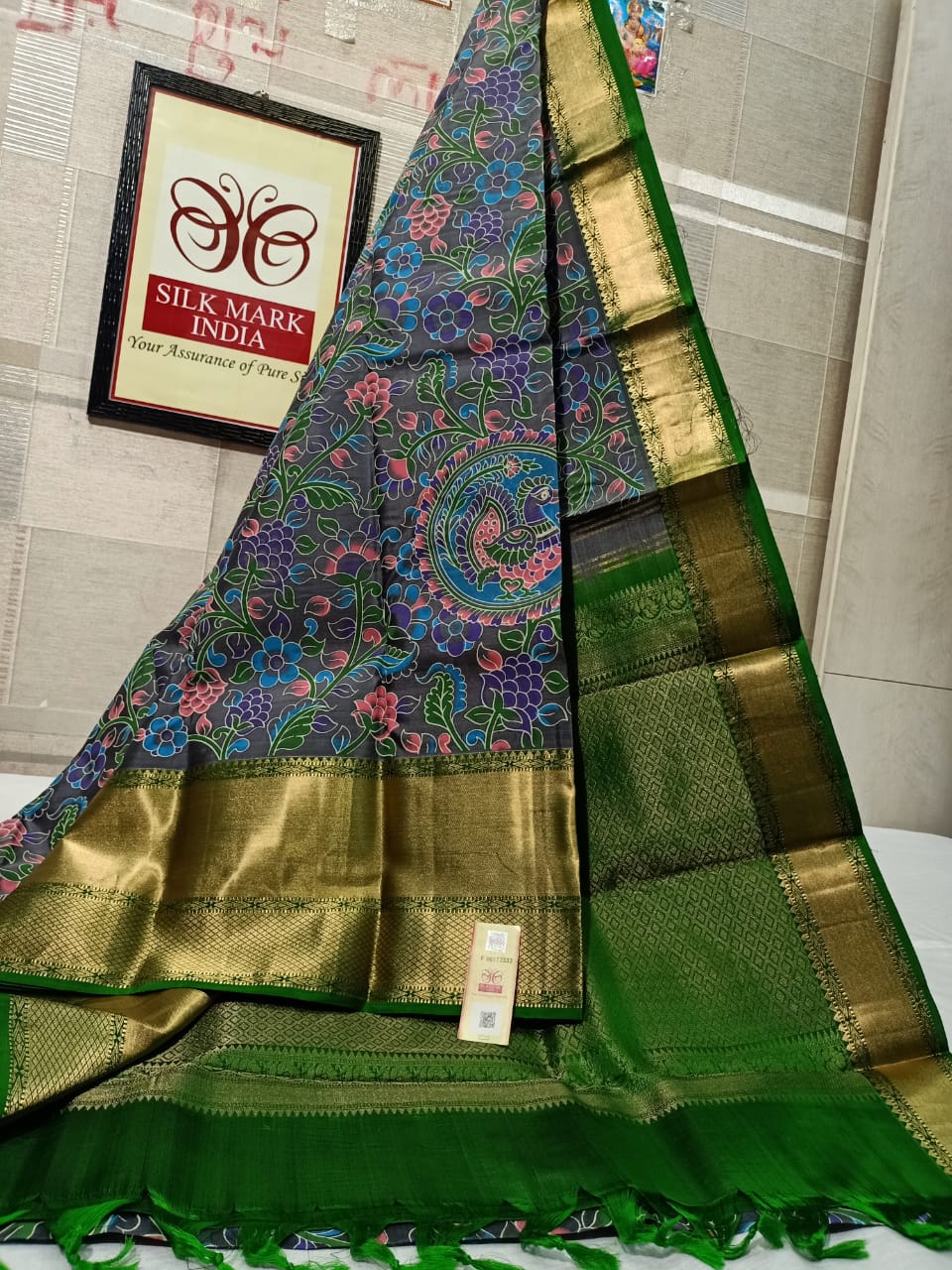 Pure Kanchipuram Silk Saree With Kalamkari Hand Print.