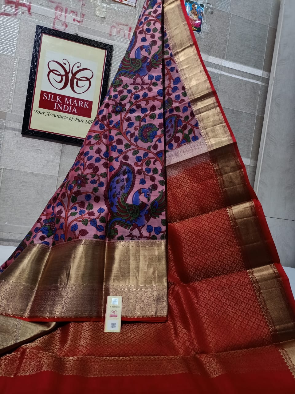 Pure Kanchipuram Silk Saree With Kalamkari Hand Print.