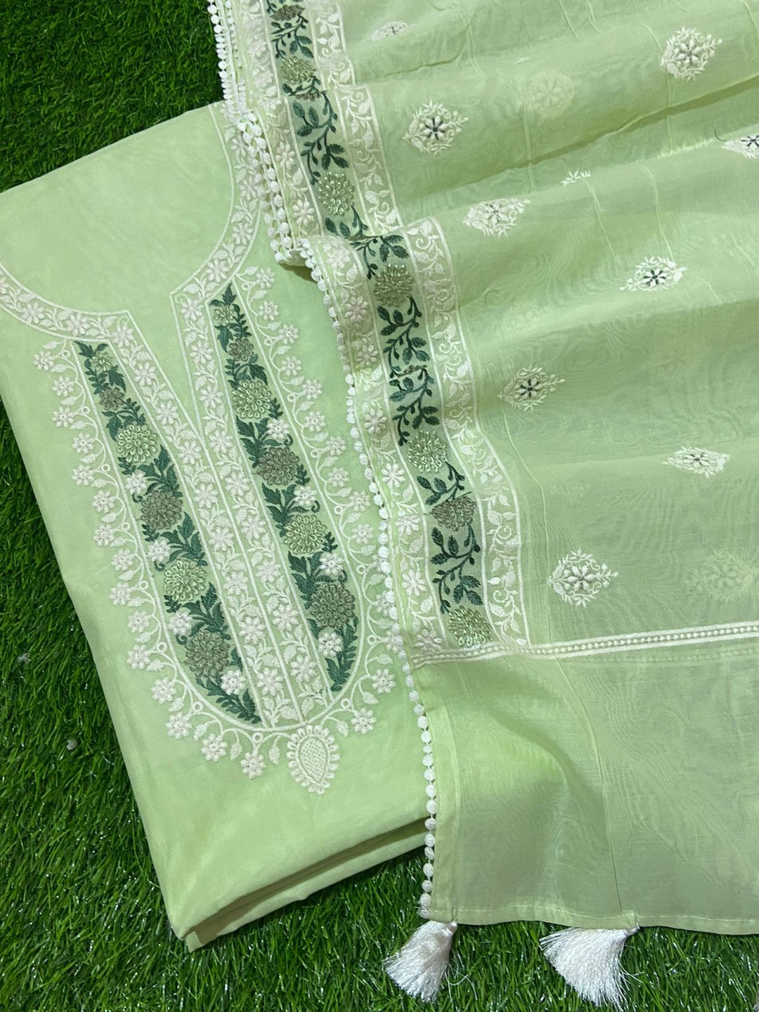 Pure Banarasi Chanderi Silk Chikankari multi embroidery Unstitched Suit