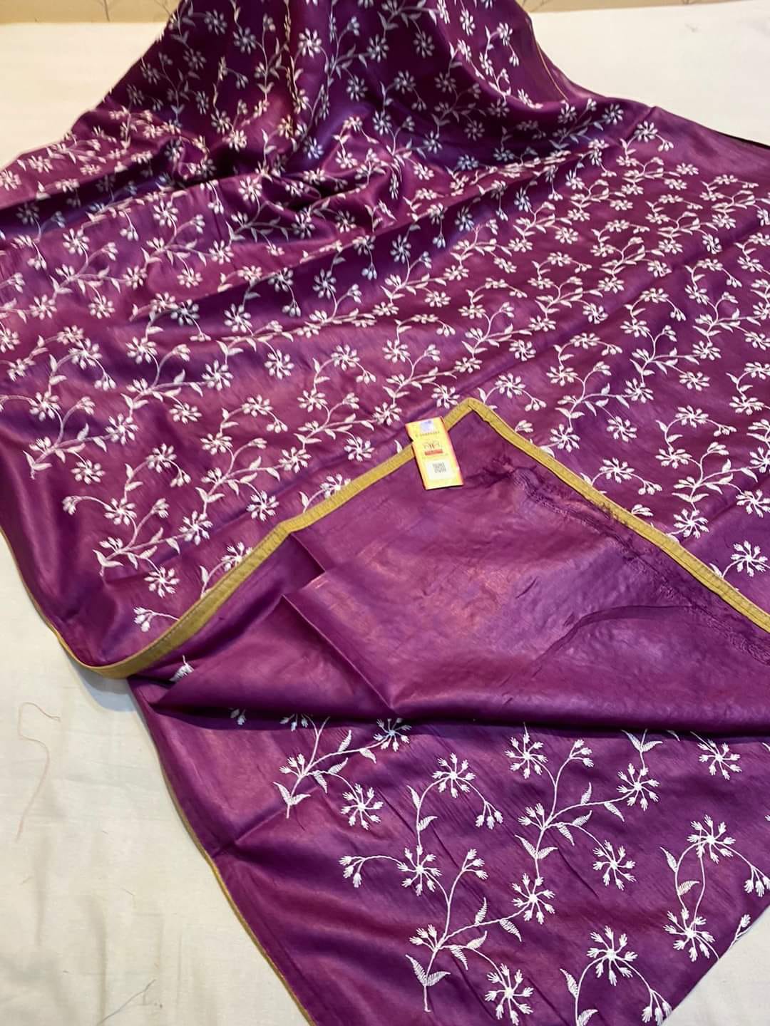 Pure Tussar by Tussar Silk Embroidery Saree With Running Blouse.