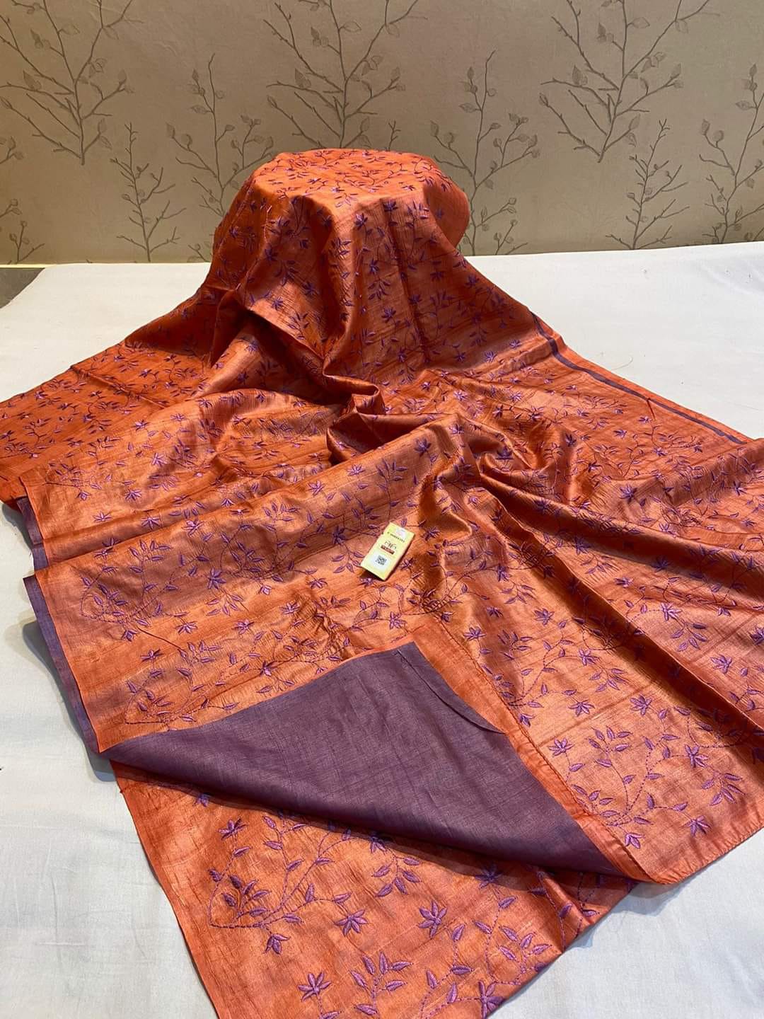 Pure Tussar by Tussar Silk Embroidery Saree With Running Blouse.