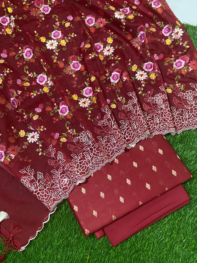 Beautiful Banarasi Chanderi Unstitched Suit with Jaal Embroidered dupatta