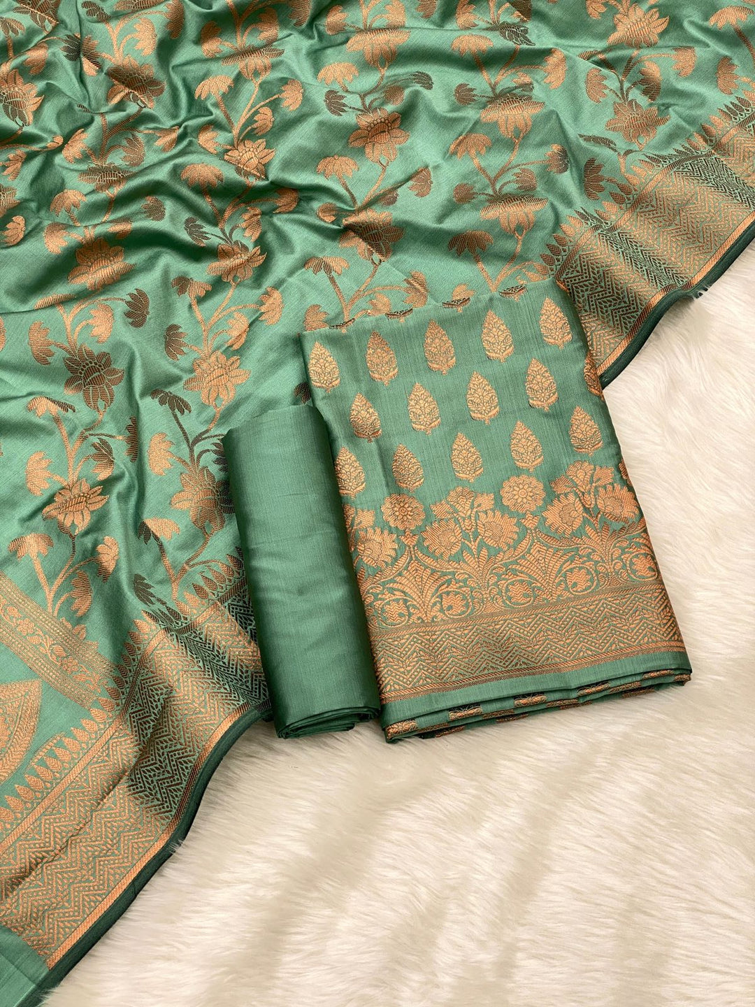 Pure Banarasi copper Zari Weaved Silk Unstitched Suit With Banarasi Silk Dupatta .
