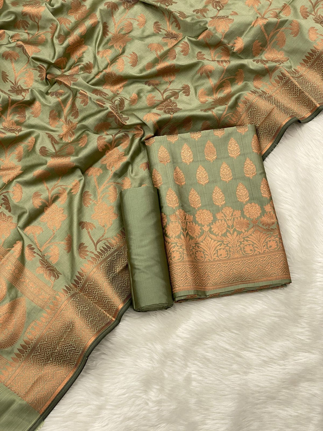 Pure Banarasi copper Zari Weaved Silk Unstitched Suit With Banarasi Silk Dupatta .