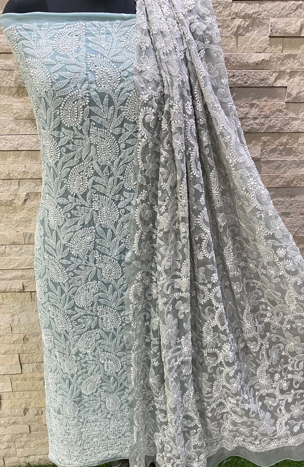 Pure Chiffon Georgette all over full jaal Chikankari Hand Embroidery Unstitched Suit.
