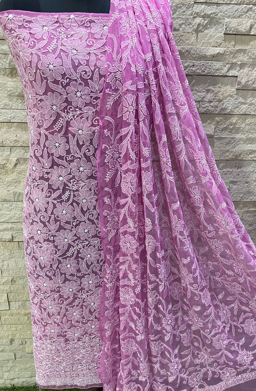 Pure Chiffon Georgette all over full jaal Chikankari Hand Embroidery Unstitched Suit.