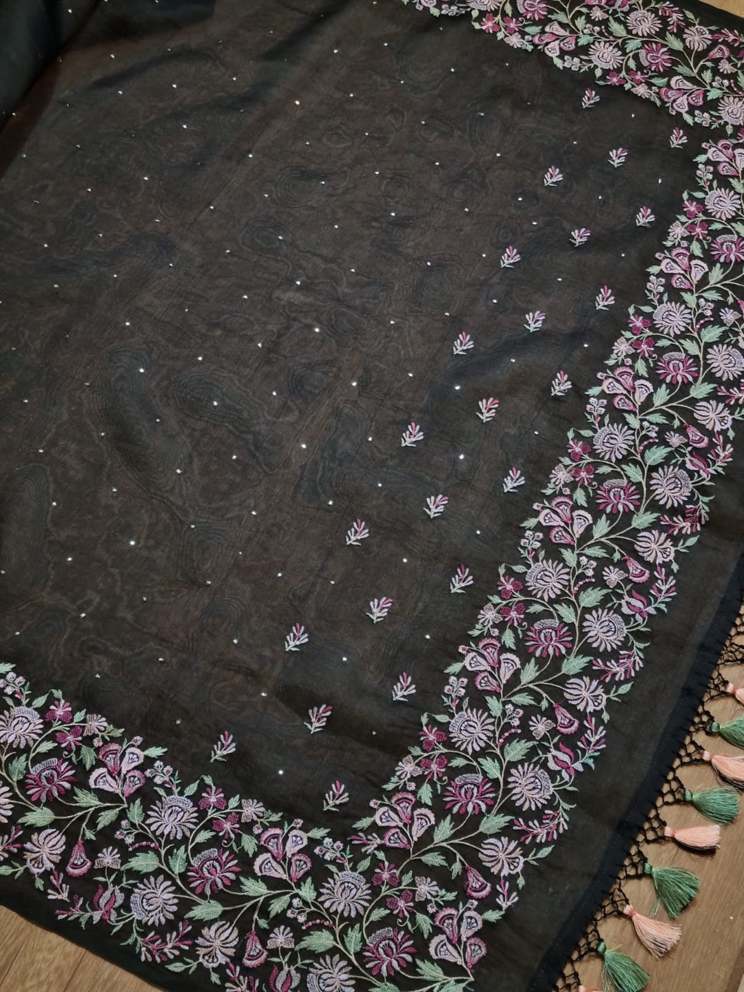 Pure organza silk saree with heavy multi embroidery and special tassels