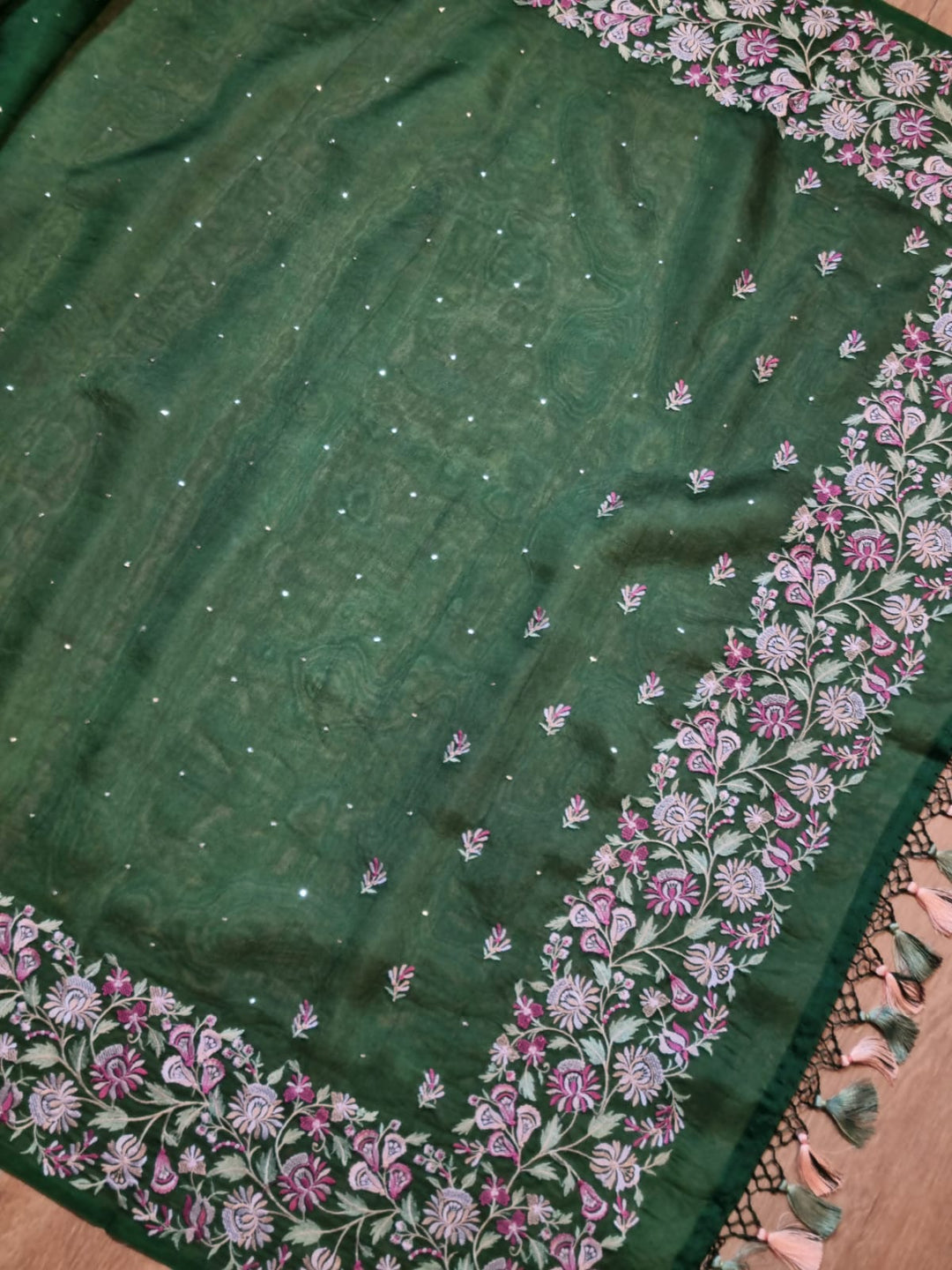 Pure organza silk saree with heavy multi embroidery and special tassels
