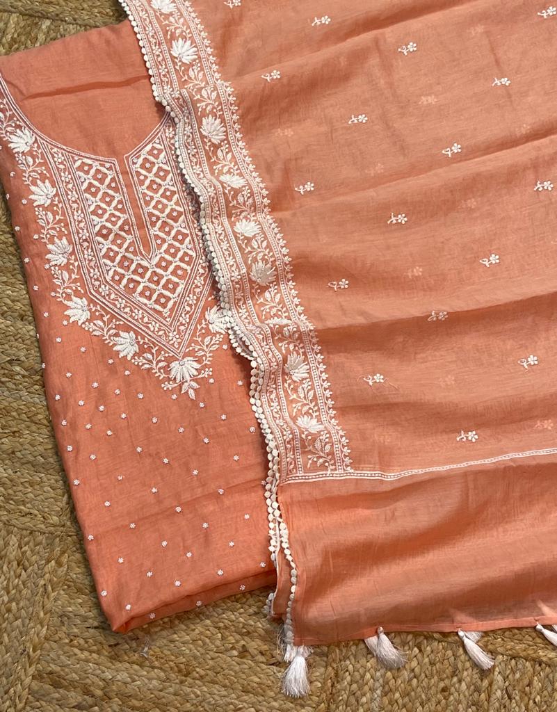 Pure Banarasi Mul-mul Chanderi Moti work weaved unstitched suit