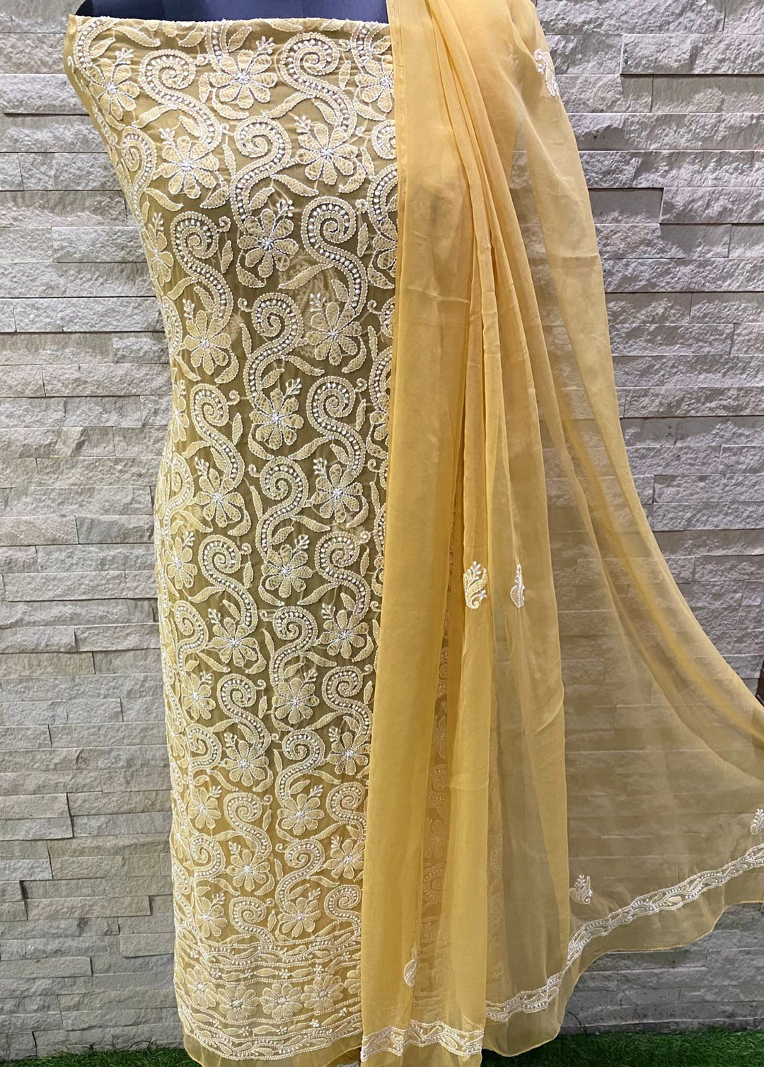 Pure Chiffon Georgette Chikankari Hand Embroidery Unstitched Suit.