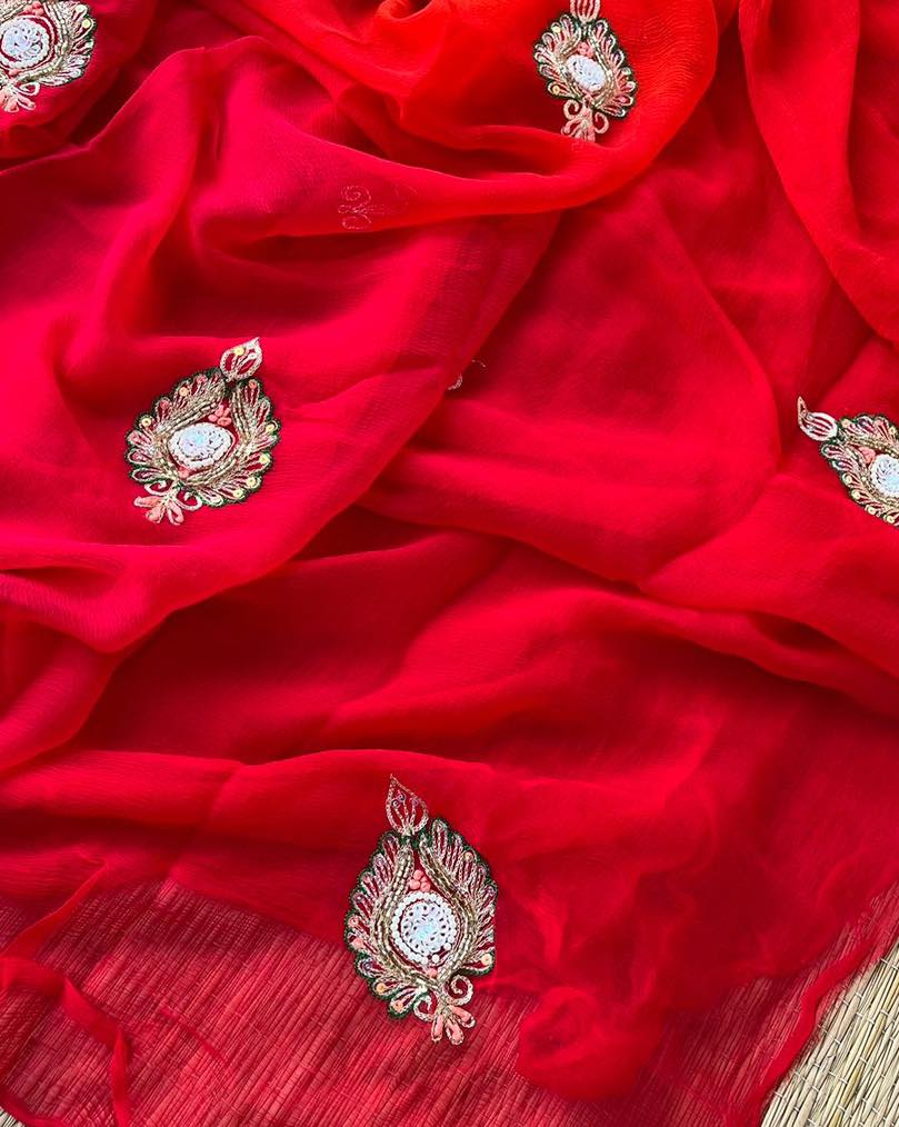 BEAUTIFUL HANDCRAFTED PEARL AND KATDANA EMBROIDERY WORK CHIFFON SAREE