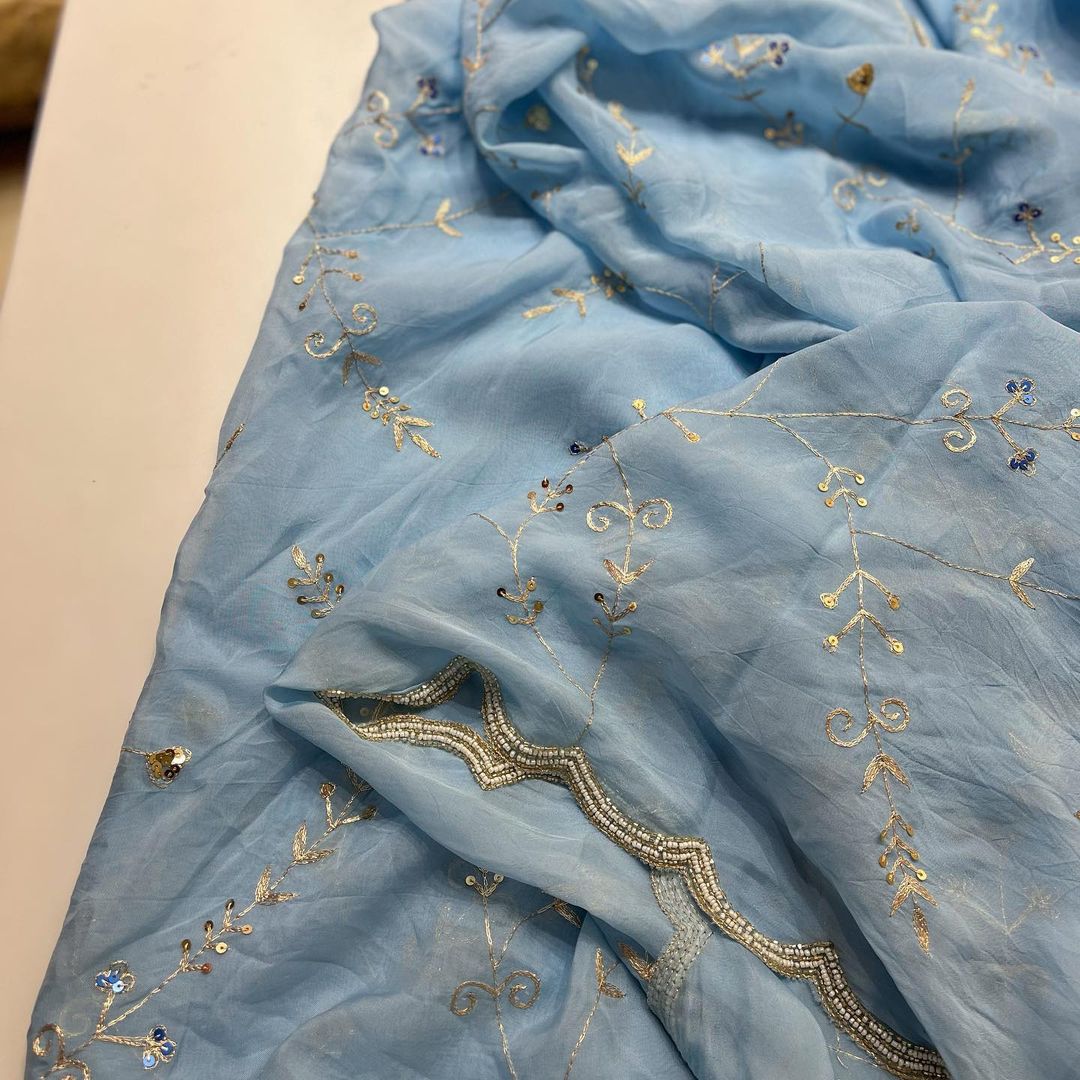 BEAUTIFUL HANDCRAFTED PEARL AND KATDANA EMBROIDERY WORK DAIMOND CHIFFON SAREE