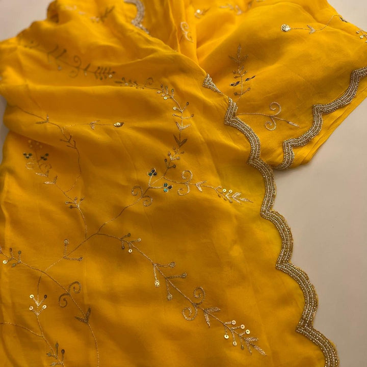 BEAUTIFUL HANDCRAFTED PEARL AND KATDANA EMBROIDERY WORK DAIMOND CHIFFON SAREE