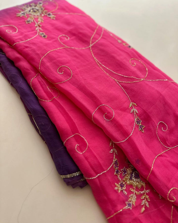 BEAUTIFUL HANDCRAFTED PEARL AND KATDANA EMBROIDERY WORK DAIMOND CHIFFON SAREE