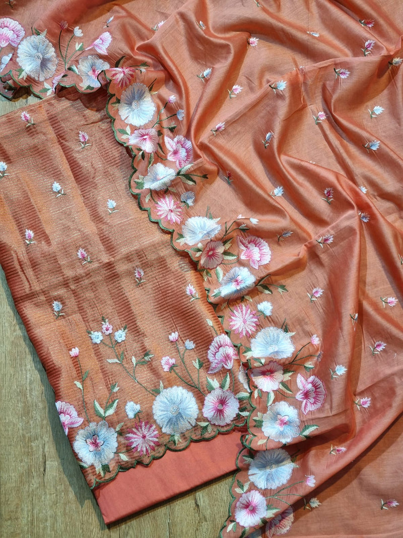 Pure Banarasi Chanderi Stripe pattern Suit with Embroidery
