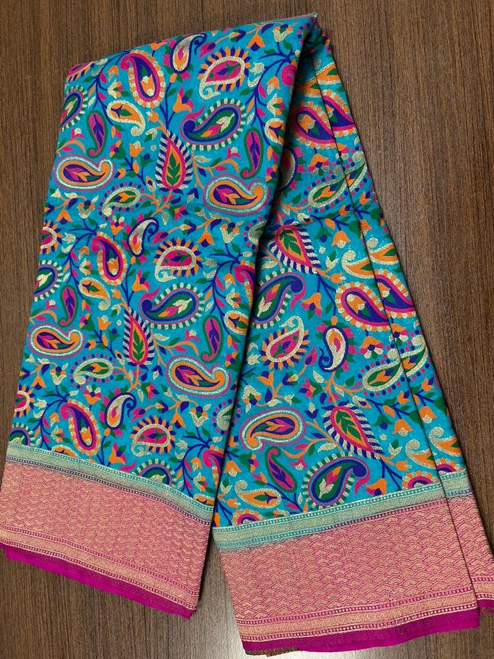 Sky blue color Banarasi Handloom Silk Multi Meena Zari Work Saree