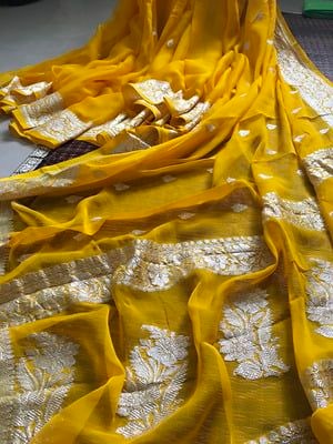 Turmeric yellow Pure Banarasi Handloom Khaddi Chiffon Silk Saree with Zari Work ( length- 6.3 meter )